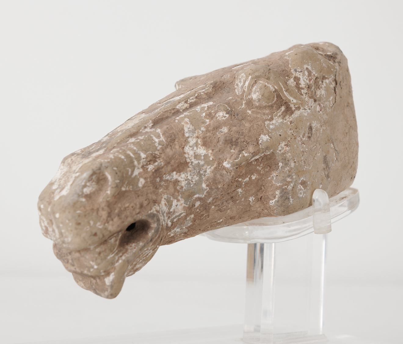 POTTERY HORSE HEAD FRAGMENT ON LUCITE BASE , A